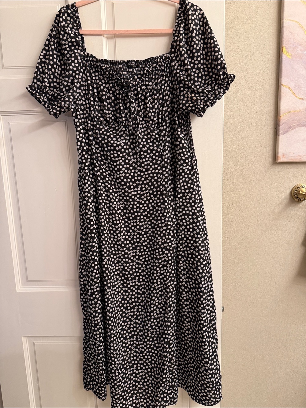 SHEIN Black and White Polka Dot Puff-Sleeve Midi Dress